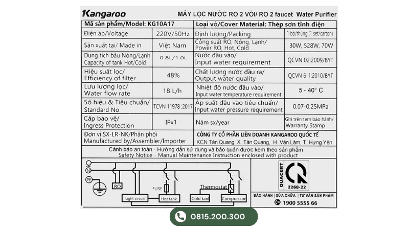 Tên model máy lọc nước Kangaroo trên tem sản phẩm