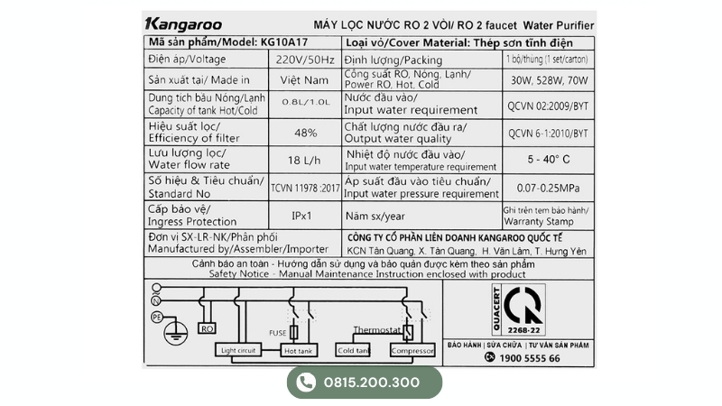 Vị trí tem dán model máy lọc nước Kangaroo