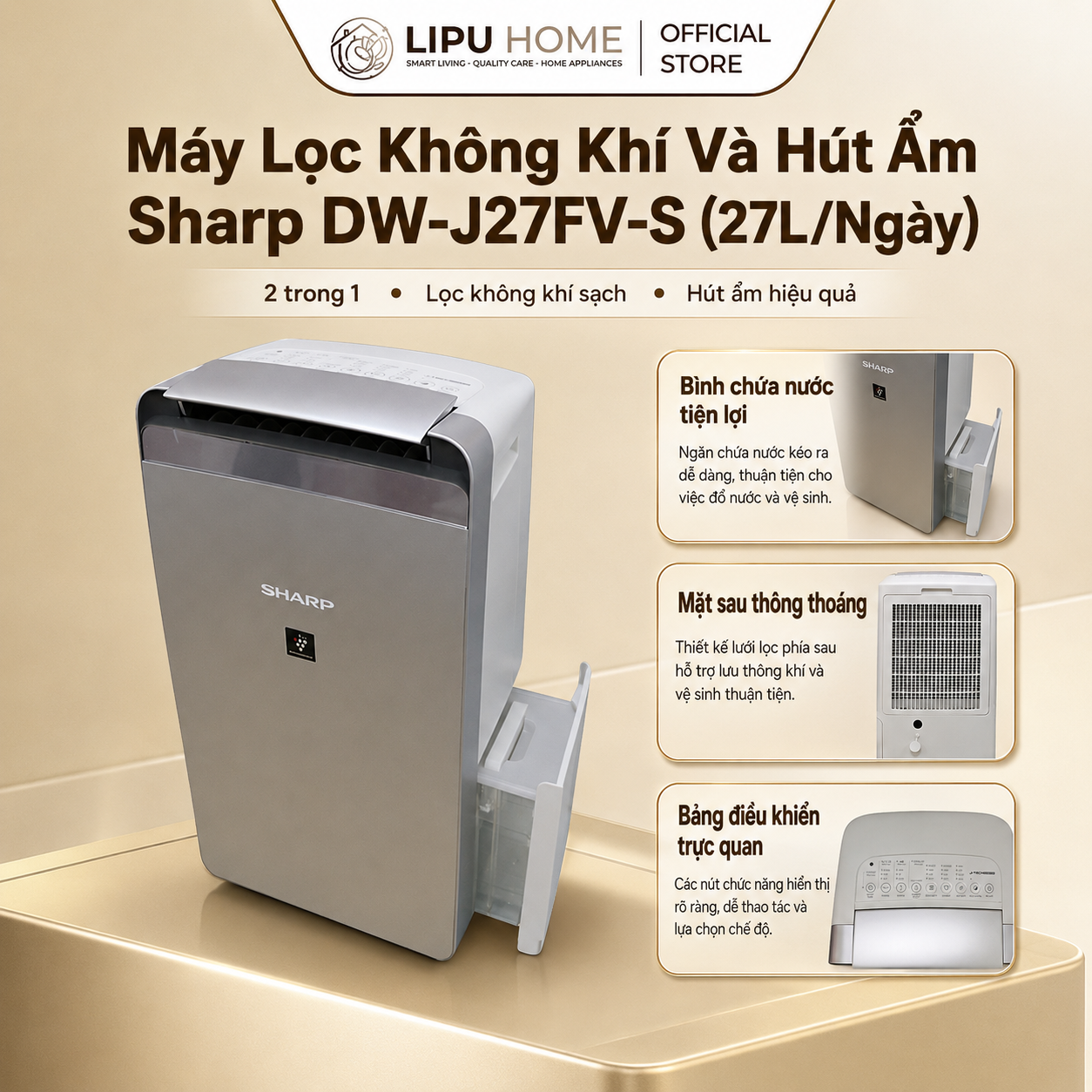 Máy lọc không khí và hút ẩm Sharp DW-J27FV-S 27 lít/ngày Chính hãng Bảo hành 12 tháng