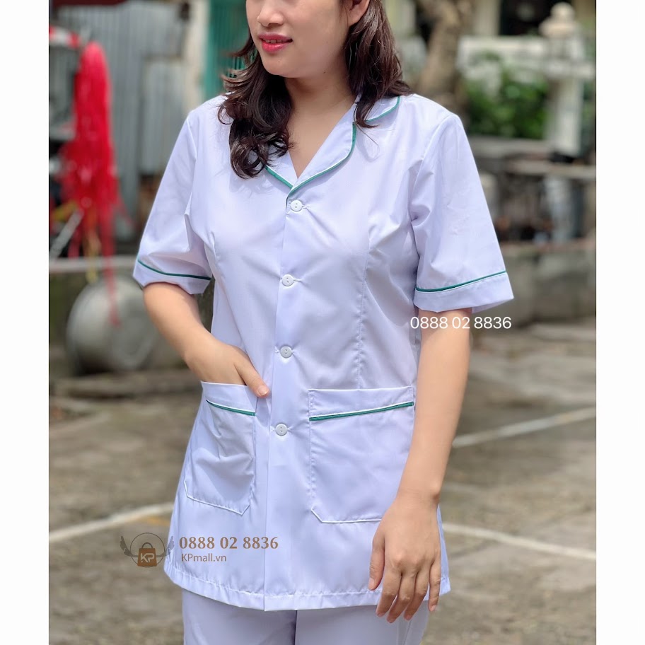 Bộ Blouse Trắng có viền Xanh Lá bo tròn cổ nữ tính - Áo blu trắng điều dưỡng, dược sỹ, thẩm mỹ viện, spa