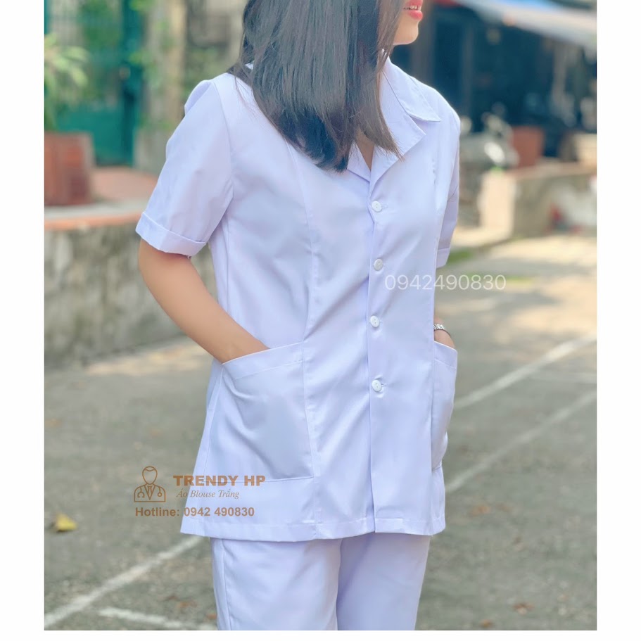 Bộ quần áo blouse trắng cộc tay Nữ - Áo blu trắng trơn xẻ túi chéo dáng ngắn qua hông cho dược sỹ, điều dưỡng, y tá, spa