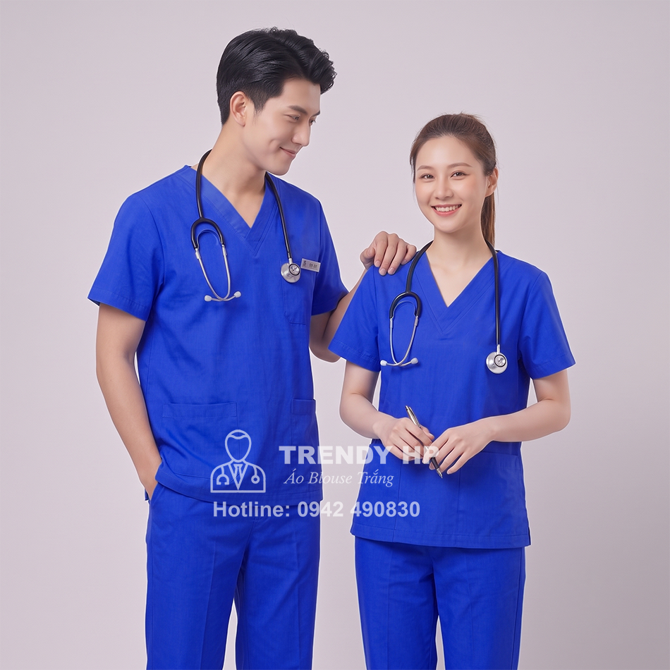 Bộ scrubs bác sĩ, kỹ thuật viên màu xanh cô ban (Xanh Đoàn) Cotton Cao Cấp điều dưỡng, dược sĩ, phòng khám, spa, thẩm mỹ viện