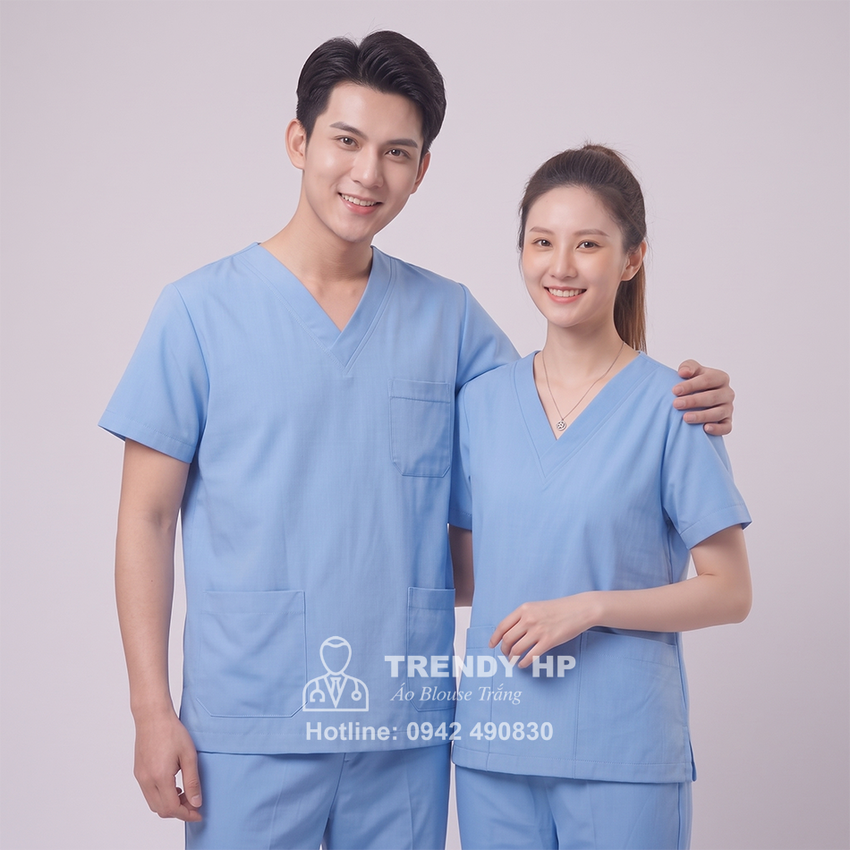 Bộ scrubs bác sĩ Cotton cao cấp màu xanh Hoà Bình - đồng phục bác sĩ, điều dưỡng, dược sĩ, kỹ thuật viên, spa, thẩm mỹ viện