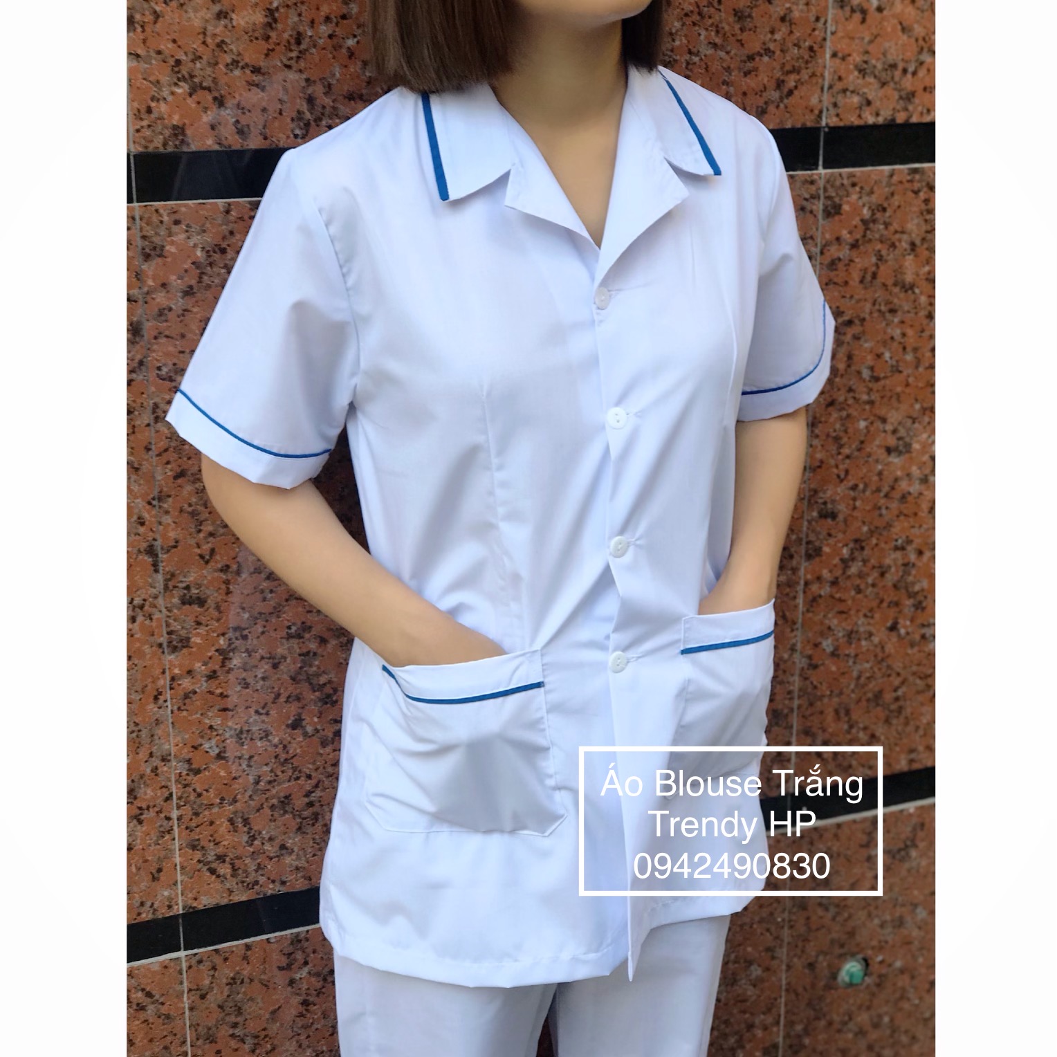 Bộ quần áo blouse trắng có viền xanh cho điều dưỡng, y tá, dược sỹ, thẩm mỹ viện chất Lon Nhật