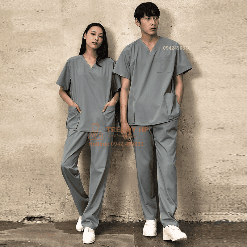 Bộ scrubs bác sĩ, kỹ thuật viên màu GHI XÁM Cotton Cao Cấp - đồng phục spa, nha khoa, phòng khám
