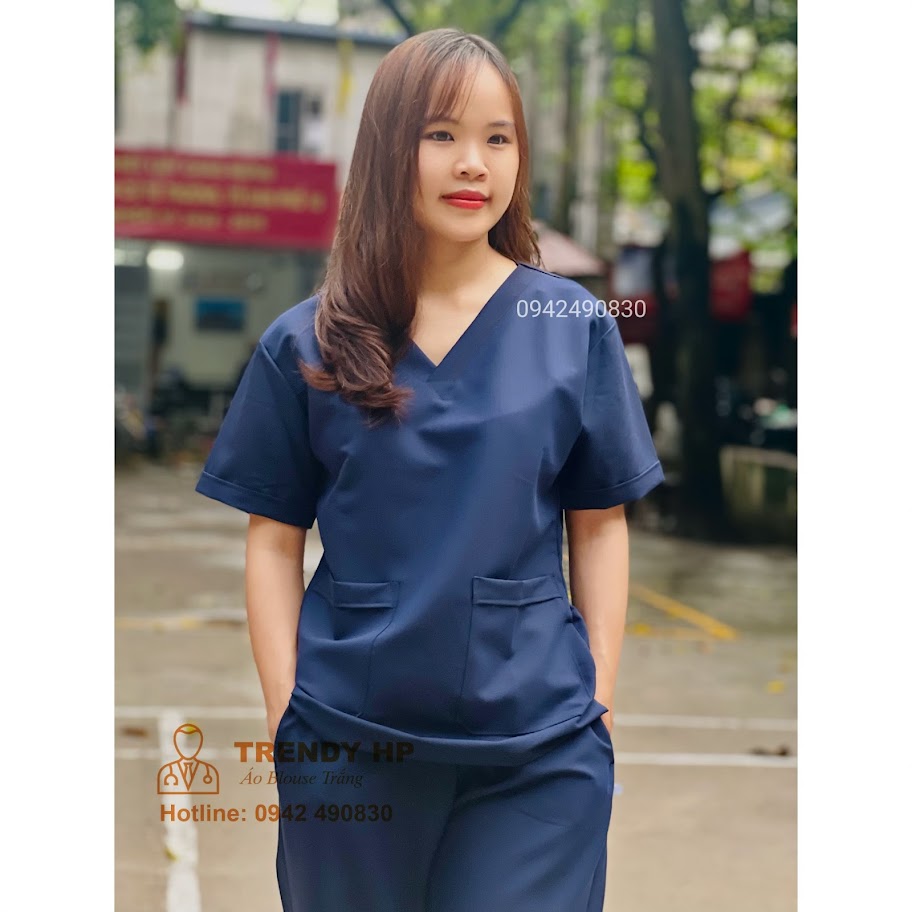 Bộ scrubs kỹ thuật viên màu Xanh Tím Than Cotton Cao Cấp - srubs bác sĩ, đồng phục spa, nha khoa, phòng khám, dược sỹ