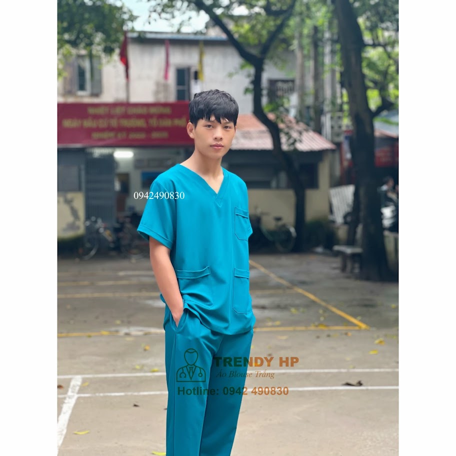 Bộ scrubs bác sĩ, kỹ thuật viên Cotton Cao Cấp màu Xanh Cổ Vịt đồng phục thẩm mỹ viện, spa, phòng khám