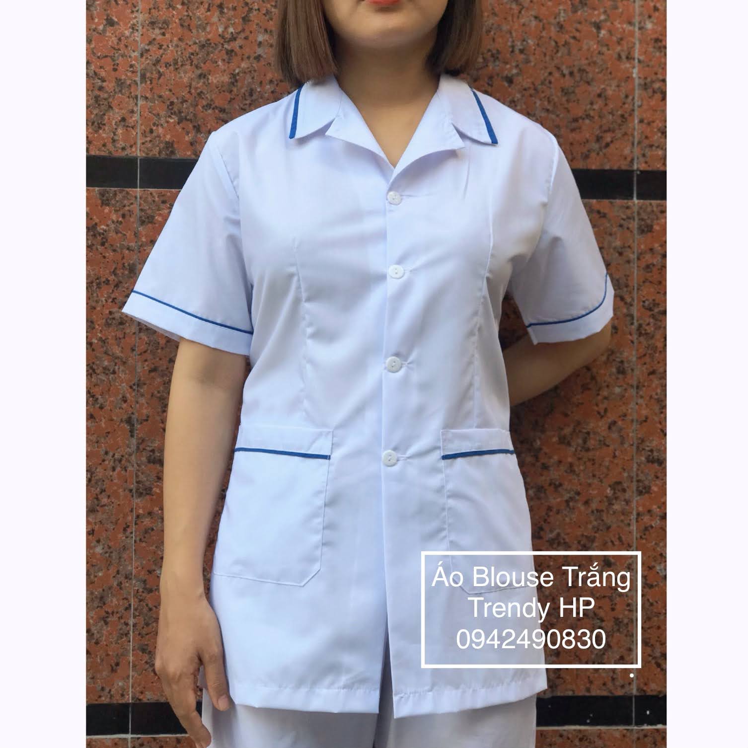 Bộ quần áo blouse trắng có viền xanh cho điều dưỡng, y tá, dược sỹ, thẩm mỹ viện chất Lon Nhật