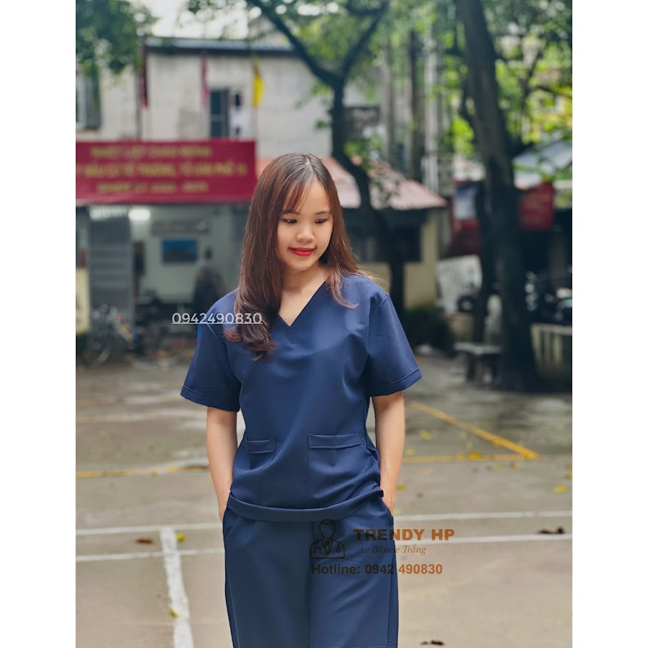 Bộ scrubs kỹ thuật viên màu Xanh Tím Than Cotton Cao Cấp - srubs bác sĩ, đồng phục spa, nha khoa, phòng khám, dược sỹ