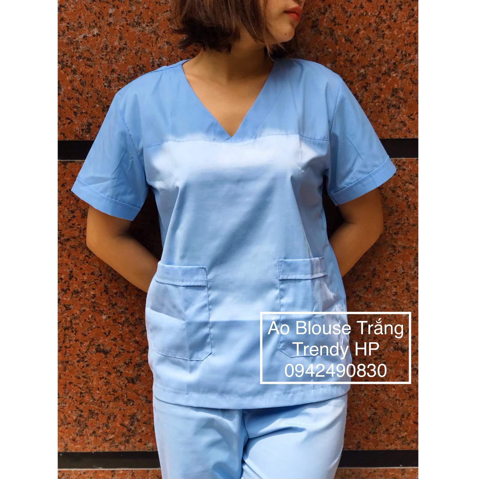 Bộ scrubs cổ tim màu Xanh Biển (Xanh Hòa Bình)- bộ scrubs bác sĩ, kỹ thuật viên spa, thẩm mỹ viện, nha khoa chất phổ thông