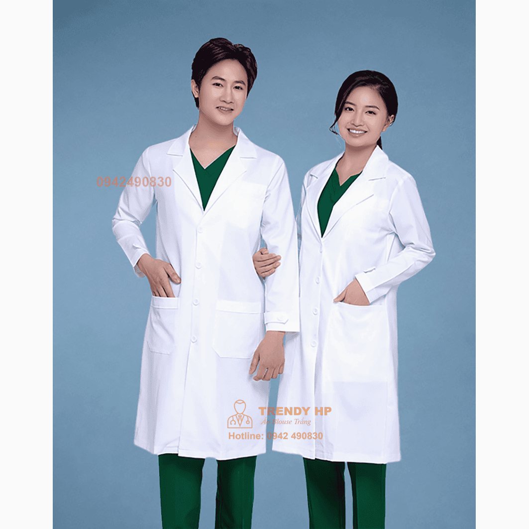 Áo choàng blouse trắng cổ Vest Cotton cao cấp cho bác sĩ, dược sỹ, phòng thí nghiệm, spa, thẩm mỹ viện