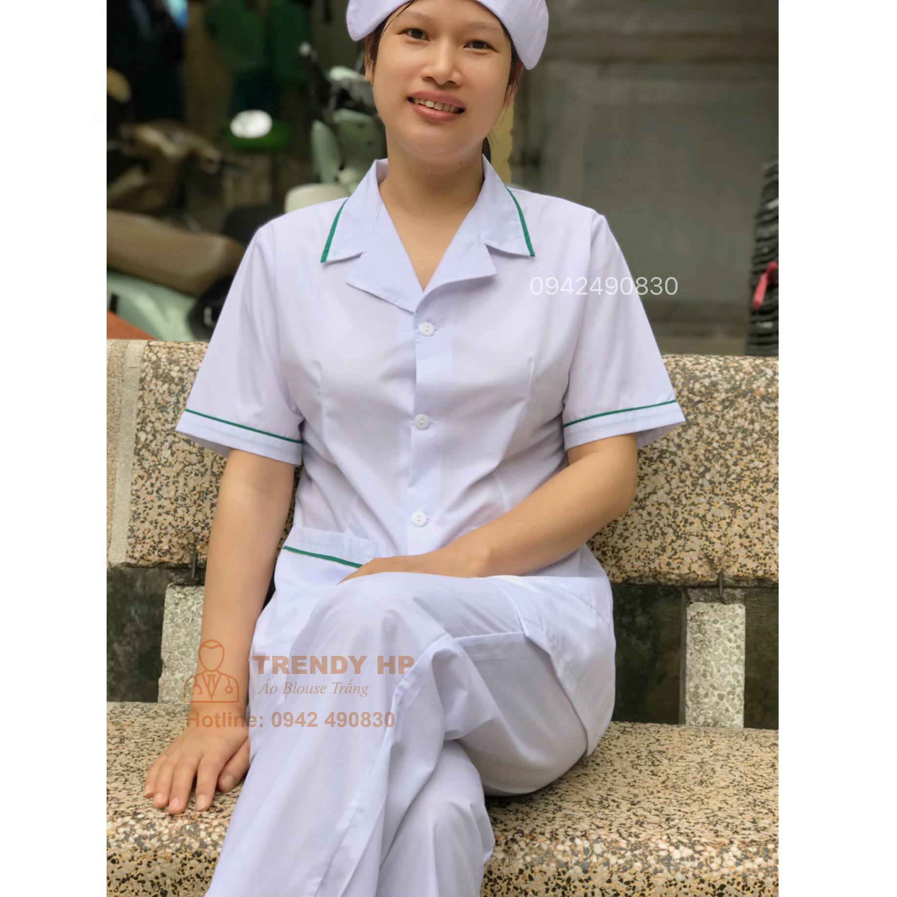 Bộ quần áo blouse trắng dáng ngắn viền Xanh Lá nam nữ cộc tay, dài tay cho dược sỹ, y tá, điều dưỡng, thẩm mỹ viện