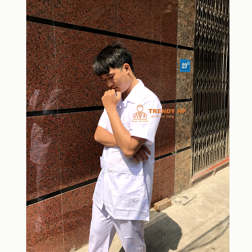 Bộ quần áo blouse trắng trơn dáng ngắn Cotton Cao Cấp cho điều dưỡng, dược sỹ, y tá, thẩm mỹ viện, spa