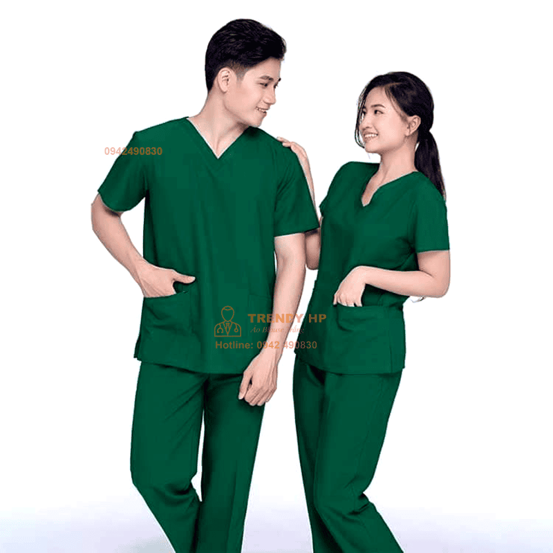 Bộ scrubs bác sĩ, kỹ thuật viên màu Xanh Lá Cotton Cao Cấp - đồng phục spa, nha khoa, phòng khám, dược sỹ