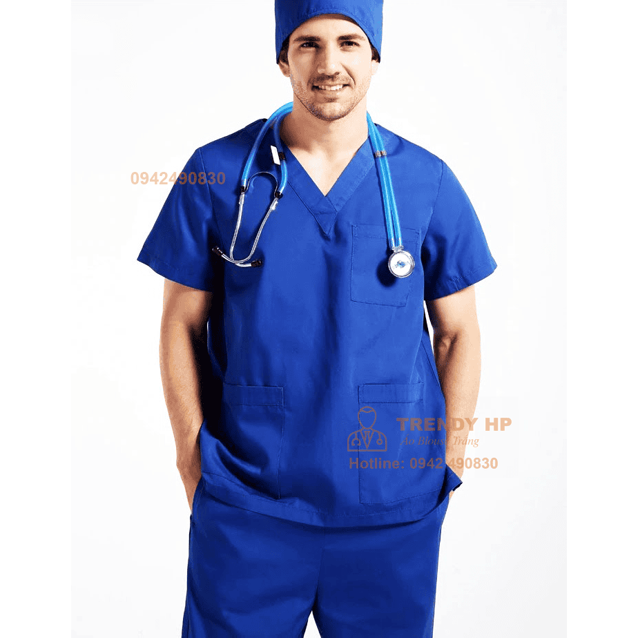 Bộ scrubs bác sĩ Xanh Coban Cotton Cao Cấp - đồng phục kỹ thuật viên spa, nha khoa, phòng khám, đồng phục phòng khám