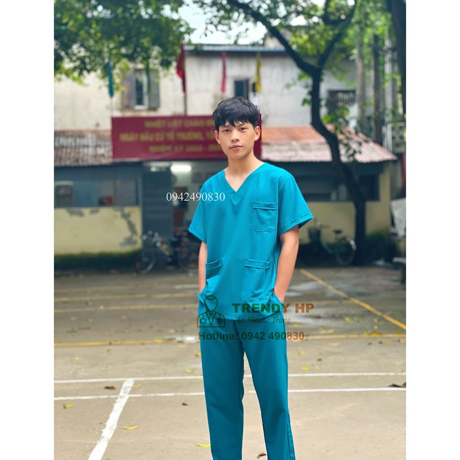Bộ scrubs bác sĩ, kỹ thuật viên Cotton Cao Cấp màu Xanh Cổ Vịt đồng phục thẩm mỹ viện, spa, phòng khám