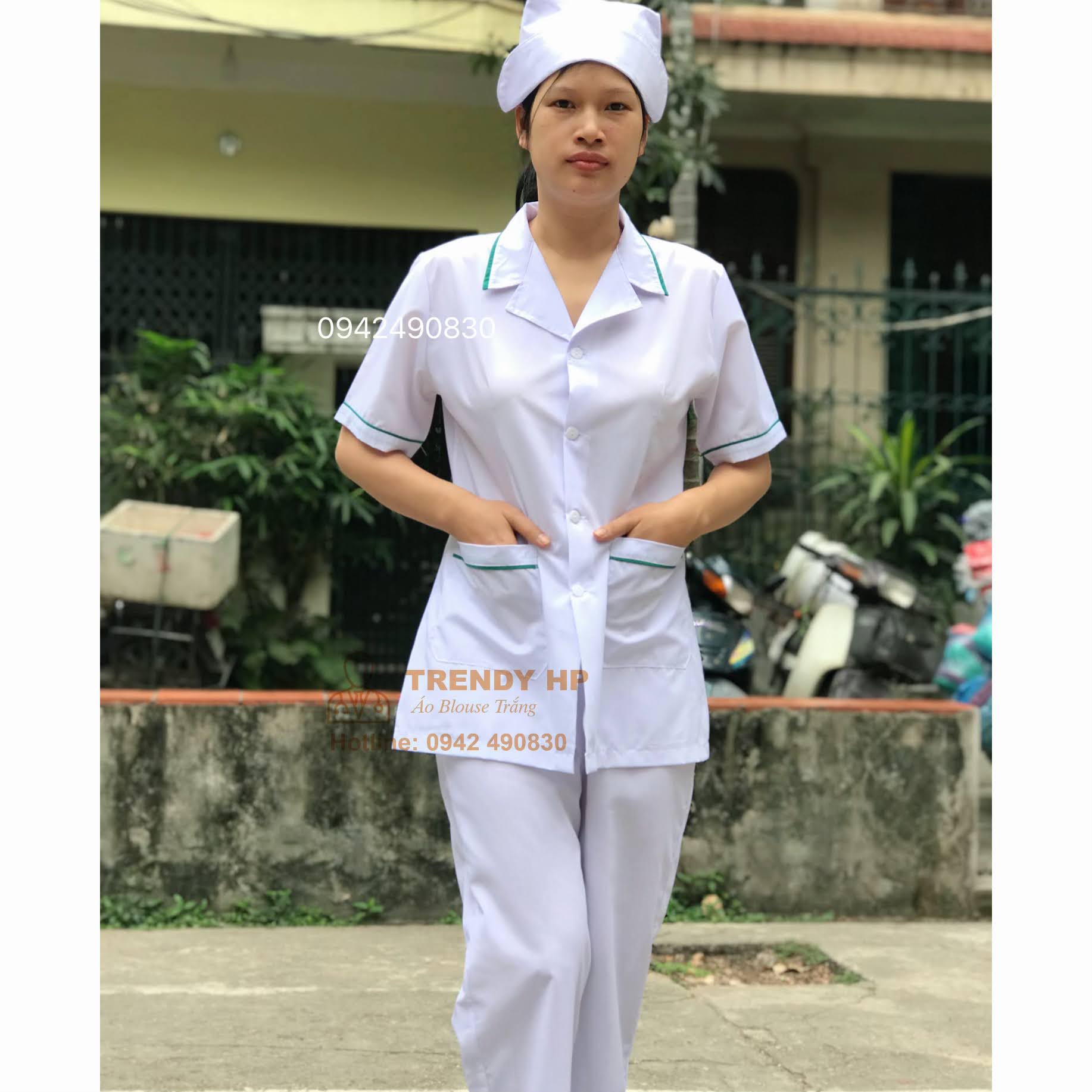 Bộ quần áo blouse trắng dáng ngắn viền Xanh Lá nam nữ cộc tay, dài tay cho dược sỹ, y tá, điều dưỡng, thẩm mỹ viện