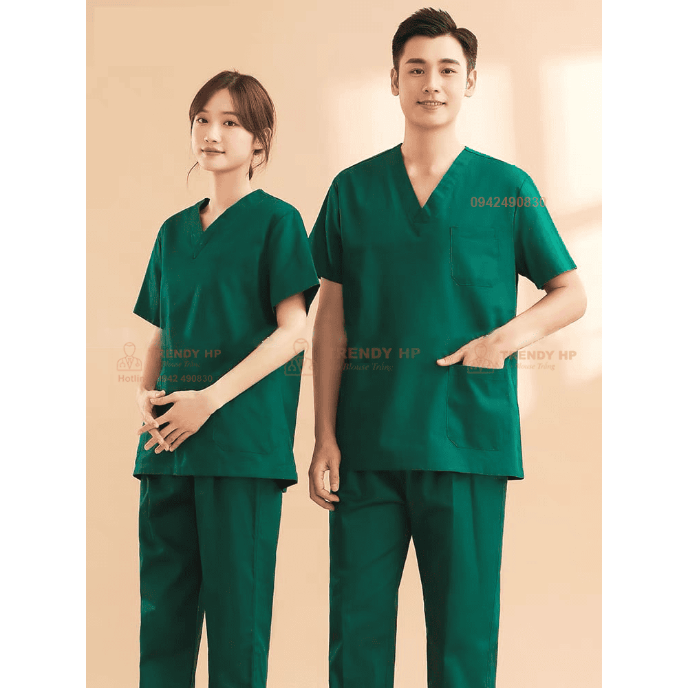 Bộ scrubs bác sĩ, kỹ thuật viên màu Xanh Lá Cotton Cao Cấp - đồng phục spa, nha khoa, phòng khám, dược sỹ