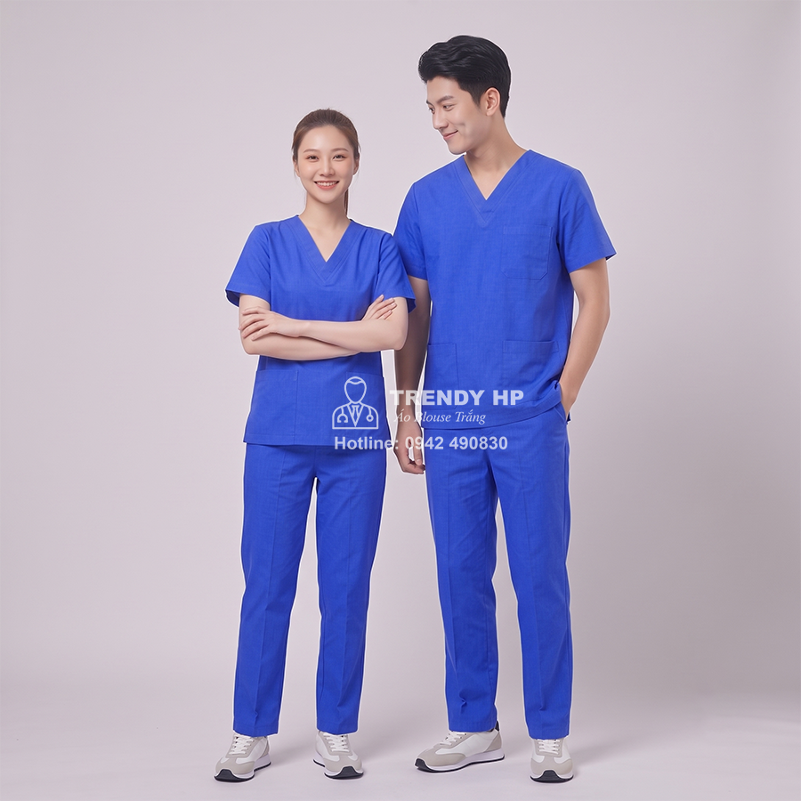 Bộ scrubs bác sĩ, kỹ thuật viên màu xanh cô ban (Xanh Đoàn) Cotton Cao Cấp điều dưỡng, dược sĩ, phòng khám, spa, thẩm mỹ viện