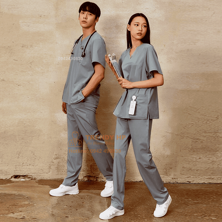 Bộ scrubs bác sĩ, kỹ thuật viên màu GHI XÁM Cotton Cao Cấp - đồng phục spa, nha khoa, phòng khám