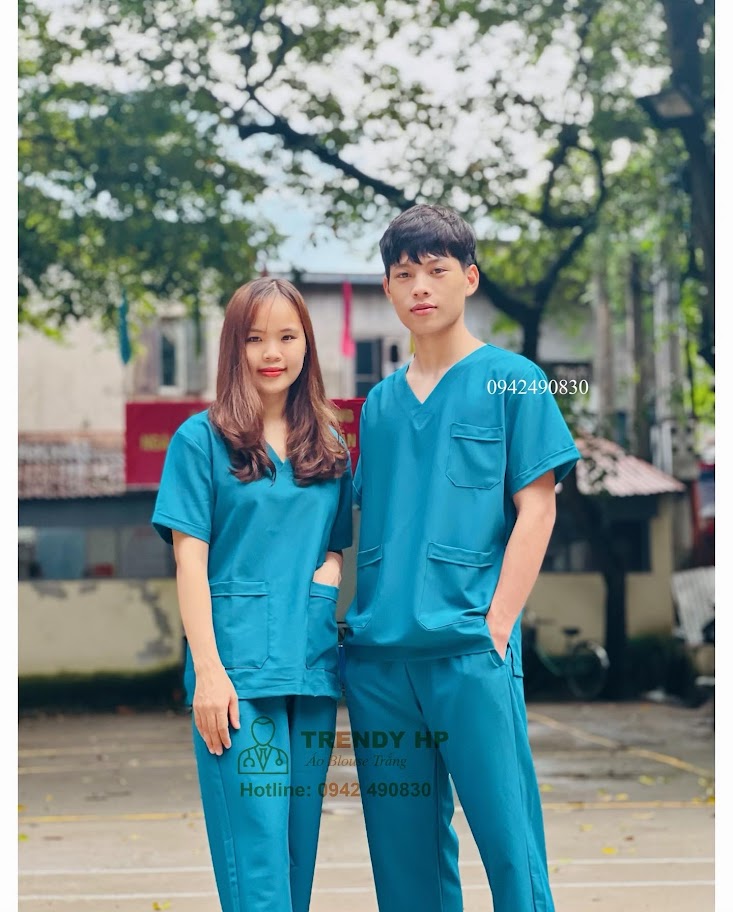 Bộ scrubs bác sĩ, kỹ thuật viên Cotton Cao Cấp màu Xanh Cổ Vịt đồng phục thẩm mỹ viện, spa, phòng khám