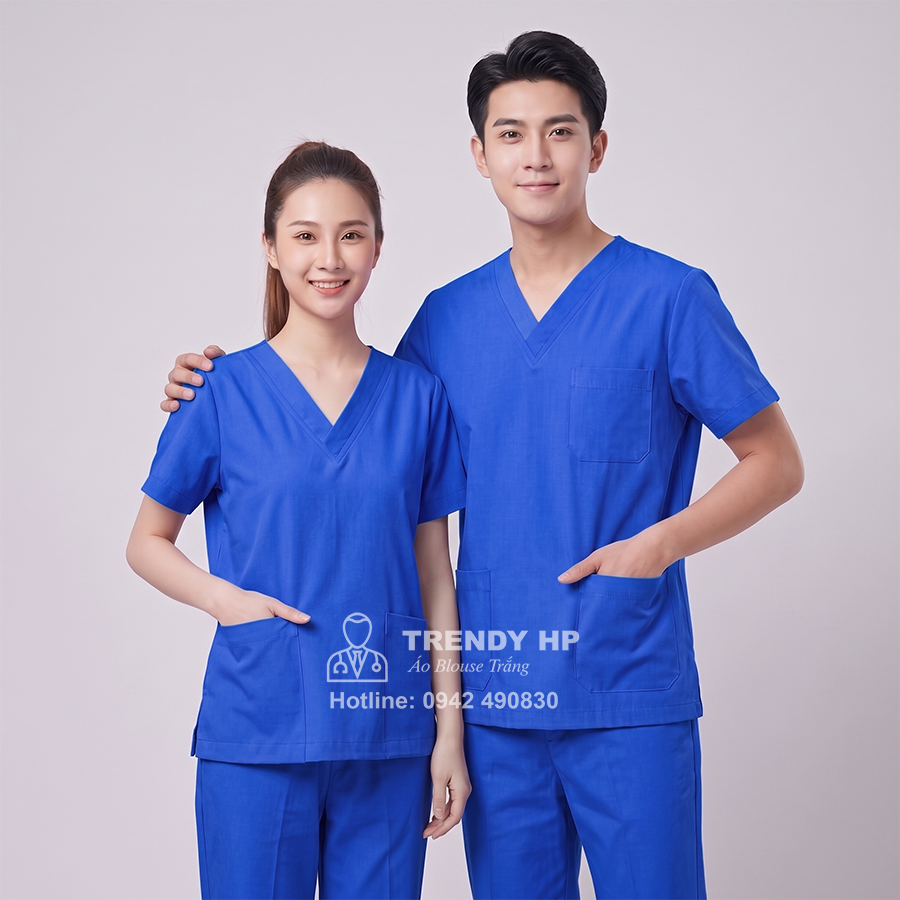 Bộ scrubs bác sĩ, kỹ thuật viên màu xanh cô ban (Xanh Đoàn) Cotton Cao Cấp điều dưỡng, dược sĩ, phòng khám, spa, thẩm mỹ viện