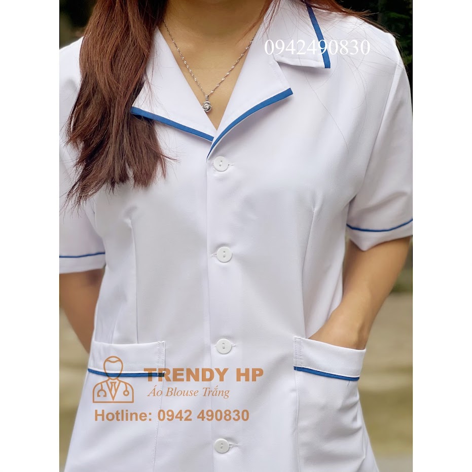 Bộ quần áo blouse trắng dáng ngắn có viền xanh Cotton Cao Cấp cho điều dưỡng, dược sỹ, y tá, thẩm mỹ viện, spa