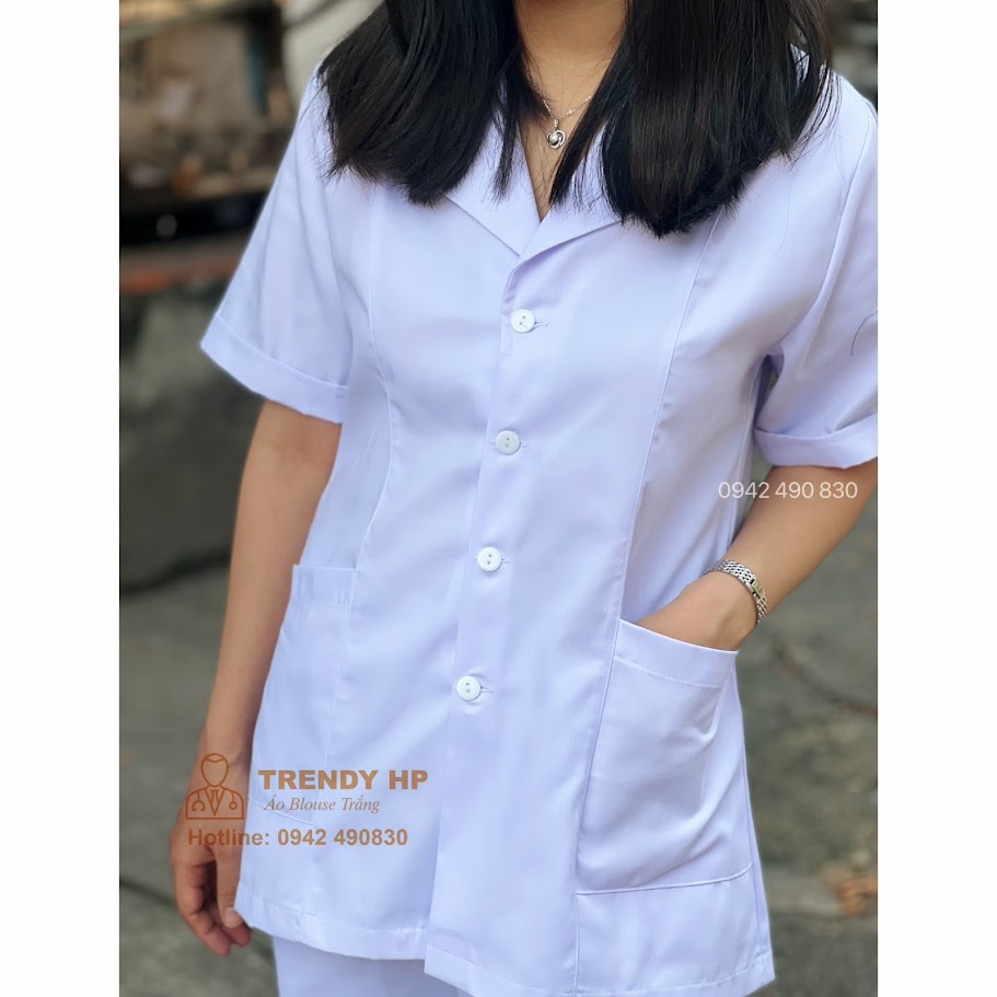 Bộ quần áo blouse trắng cộc tay Nữ - Áo blu trắng trơn xẻ túi chéo dáng ngắn qua hông cho dược sỹ, điều dưỡng, y tá, spa