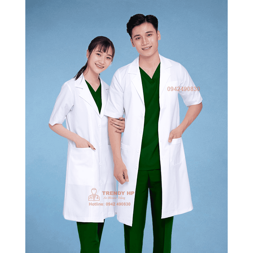 Áo choàng blouse trắng cổ Vest Cotton cao cấp cho bác sĩ, dược sỹ, phòng thí nghiệm, spa, thẩm mỹ viện
