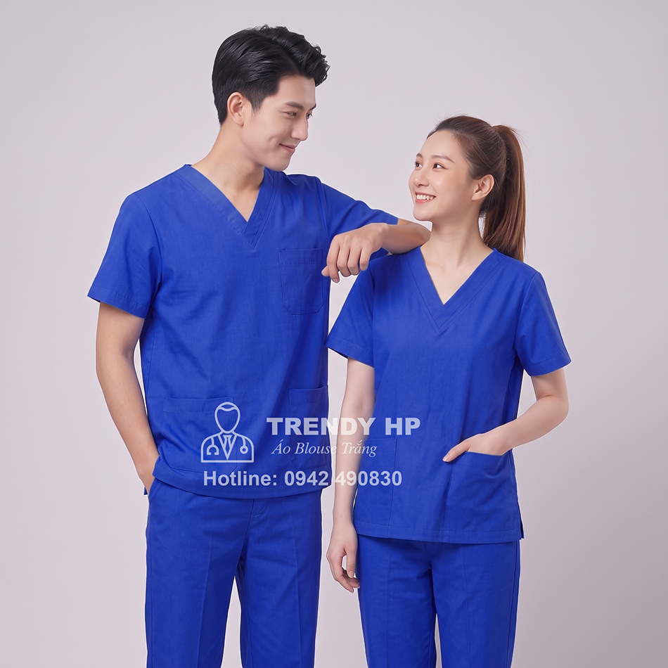 Bộ scrubs bác sĩ, kỹ thuật viên màu xanh cô ban (Xanh Đoàn) Cotton Cao Cấp điều dưỡng, dược sĩ, phòng khám, spa, thẩm mỹ viện