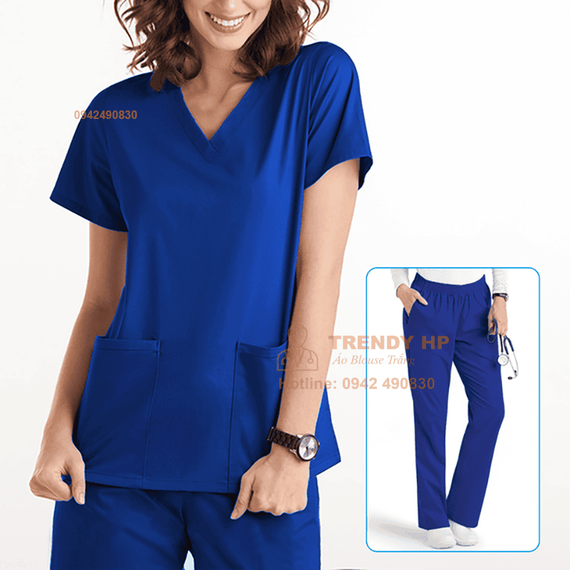 Bộ scrubs bác sĩ Xanh Coban Cotton Cao Cấp - đồng phục kỹ thuật viên spa, nha khoa, phòng khám, đồng phục phòng khám