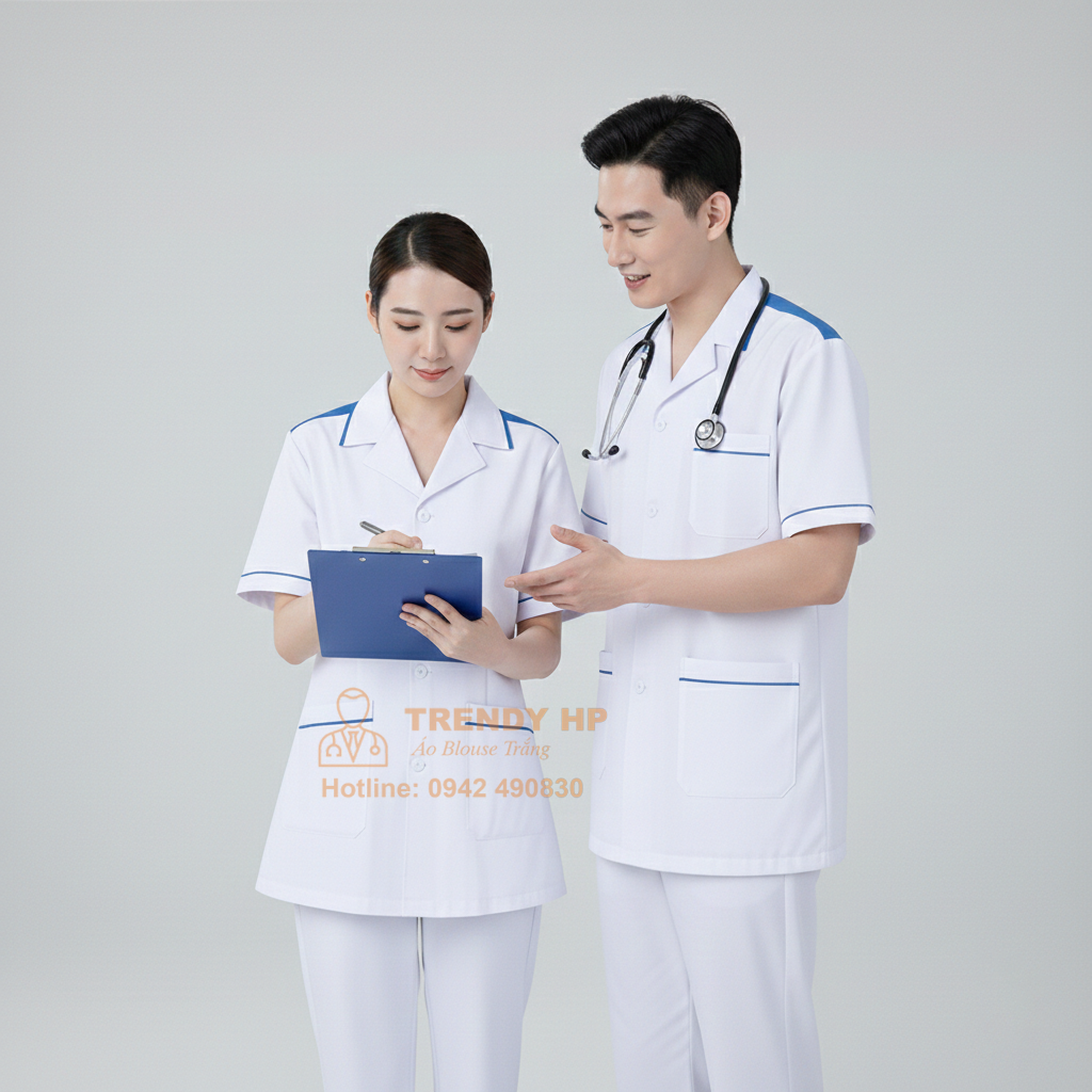 Bộ quần áo blouse trắng viền xanh có cầu vai dành cho thực tập sinh điều dưỡng, dược sĩ, nhân viên y tế