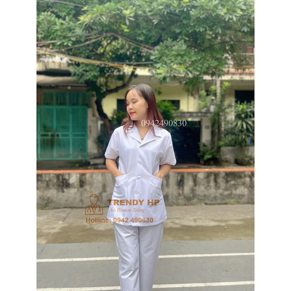 Bộ quần áo blouse trắng trơn dáng ngắn Cotton Cao Cấp cho điều dưỡng, dược sỹ, y tá, thẩm mỹ viện, spa