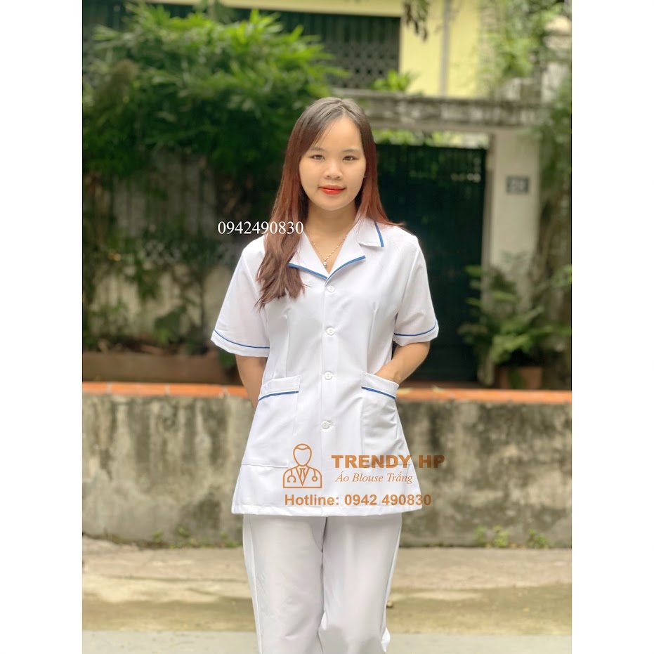 Bộ quần áo blouse trắng dáng ngắn có viền xanh Cotton Cao Cấp cho điều dưỡng, dược sỹ, y tá, thẩm mỹ viện, spa