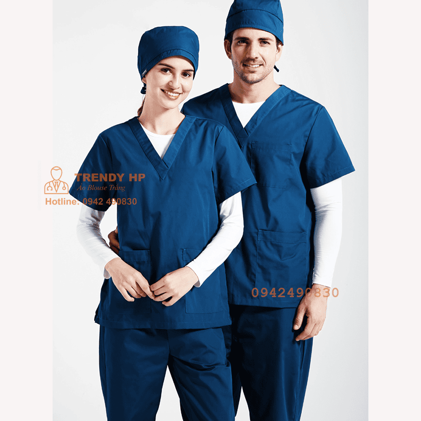 Bộ scrubs bác sĩ, kỹ thuật viên màu Xanh Navy (Xanh Sẫm) Cotton Cao Cấp - đồng phục spa, nha khoa, phòng khám, dược sỹ