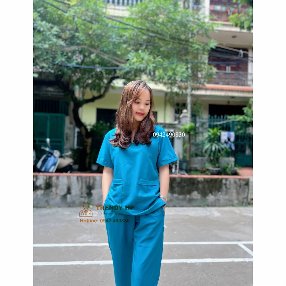 Bộ scrubs bác sĩ, kỹ thuật viên Cotton Cao Cấp màu Xanh Cổ Vịt đồng phục thẩm mỹ viện, spa, phòng khám