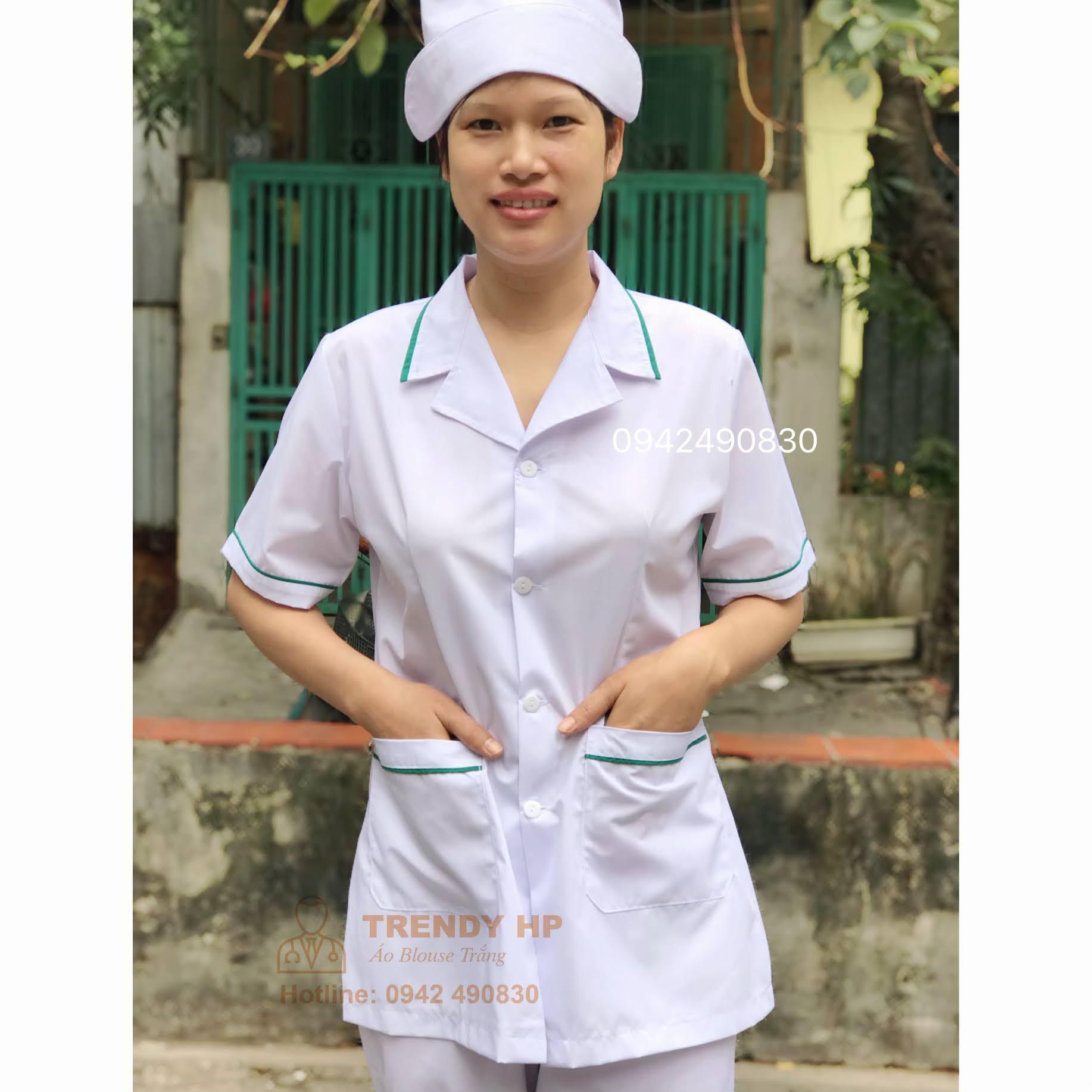 Bộ quần áo blouse trắng dáng ngắn viền Xanh Lá nam nữ cộc tay, dài tay cho dược sỹ, y tá, điều dưỡng, thẩm mỹ viện