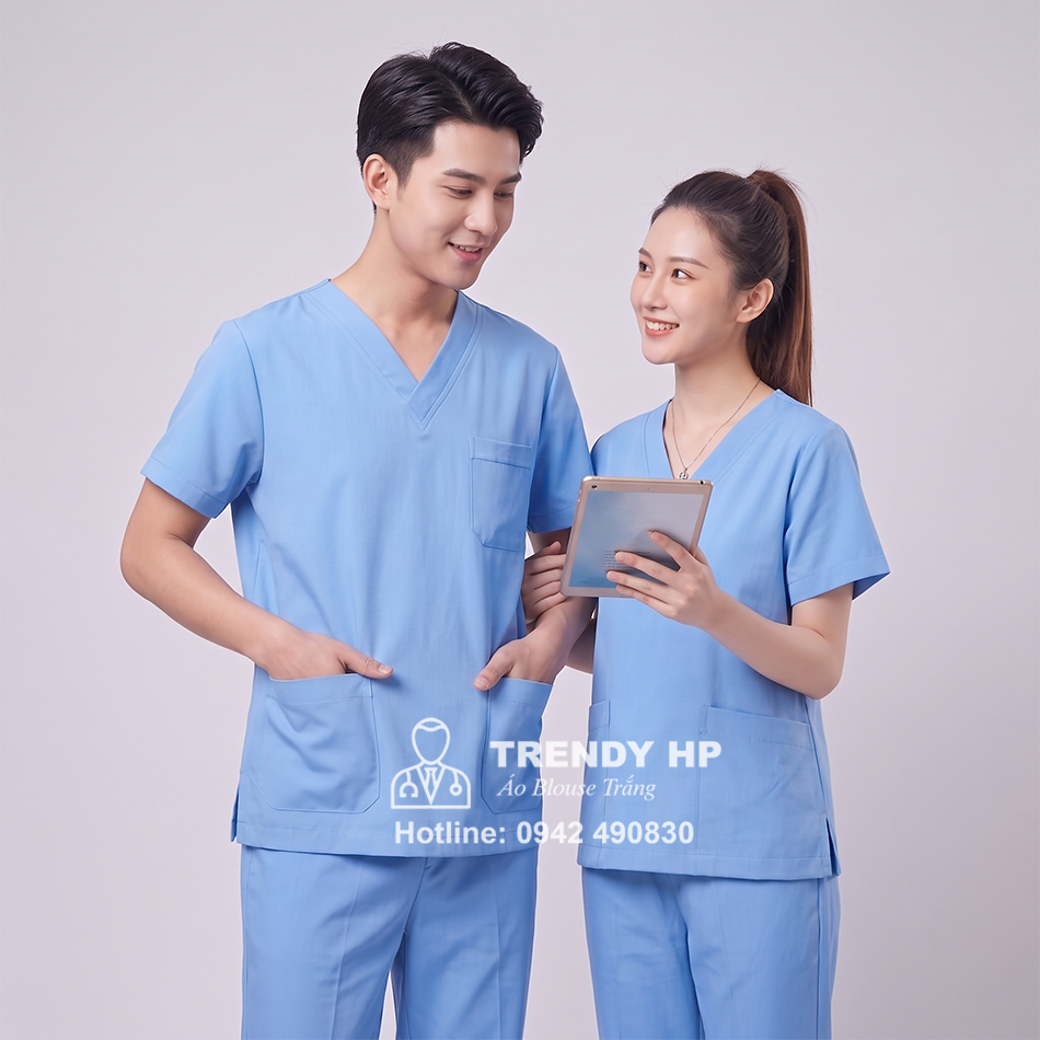 Bộ scrubs bác sĩ Cotton cao cấp màu xanh Hoà Bình - đồng phục bác sĩ, điều dưỡng, dược sĩ, kỹ thuật viên, spa, thẩm mỹ viện