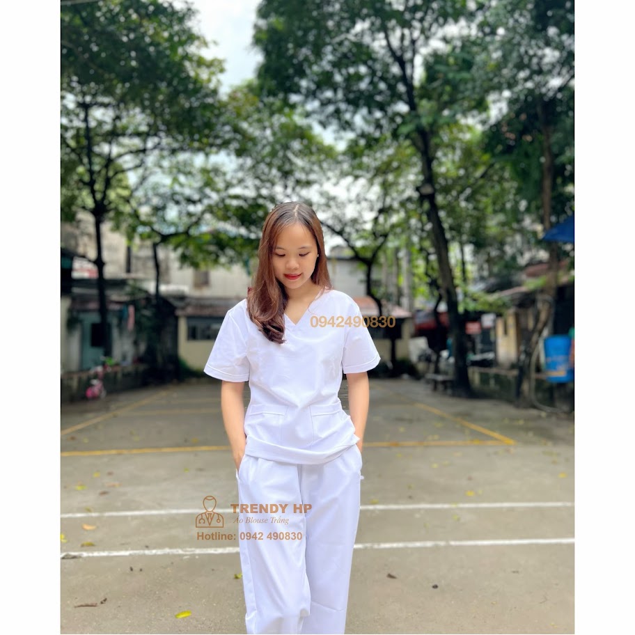 Áo Blouse Trắng Trendy HP Bộ scrubs bác sĩ màu Trắng Cotton Cao Cấp - bộ đồng phục dược sỹ, kỹ thuật viên spa, nha khoa, phòng khám, đồng phục phòng khám