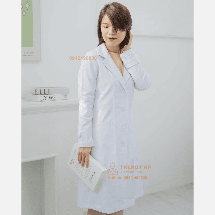 Áo choàng blouse trắng cổ Vest Cotton cao cấp cho bác sĩ, dược sỹ, phòng thí nghiệm, spa, thẩm mỹ viện