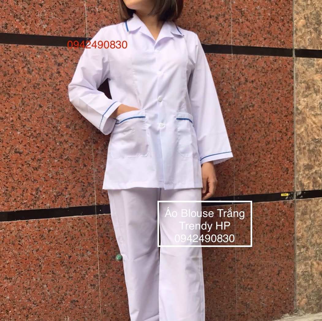 Bộ quần áo blouse trắng có viền xanh cho điều dưỡng, y tá, dược sỹ, thẩm mỹ viện chất Lon Nhật