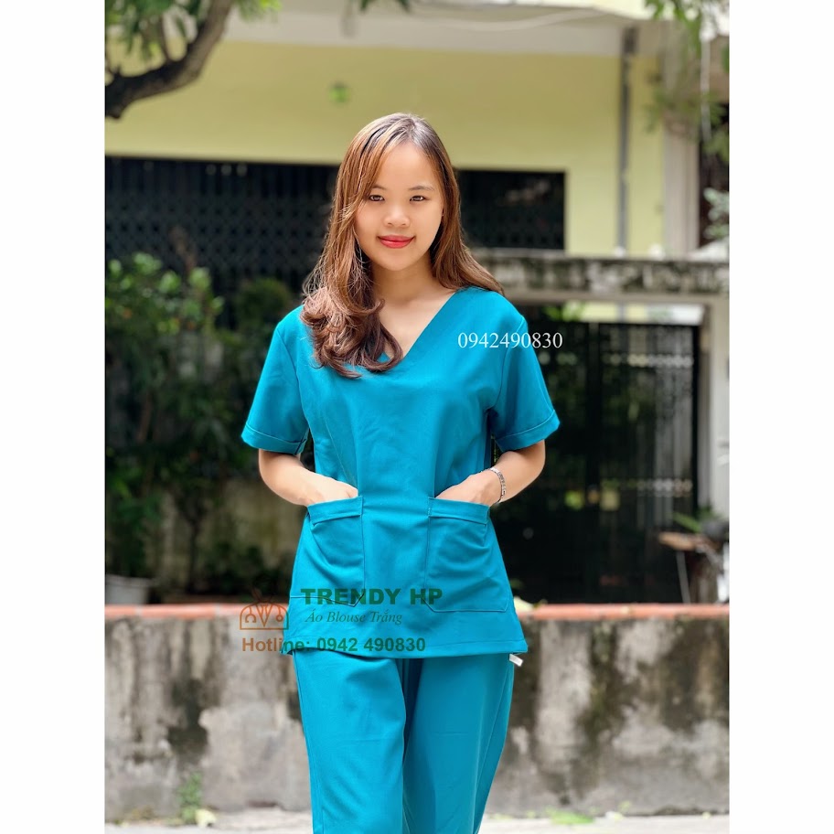Bộ scrubs bác sĩ, kỹ thuật viên Cotton Cao Cấp màu Xanh Cổ Vịt đồng phục thẩm mỹ viện, spa, phòng khám