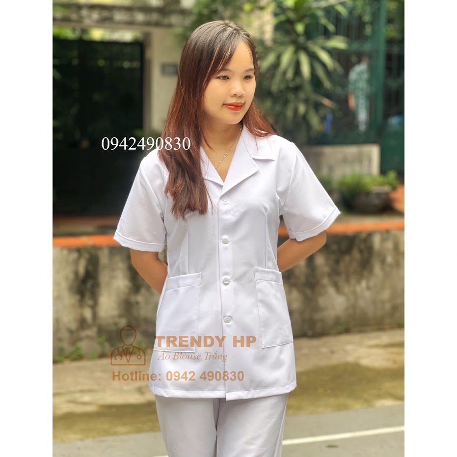 Bộ quần áo blouse trắng trơn dáng ngắn Cotton Cao Cấp cho điều dưỡng, dược sỹ, y tá, thẩm mỹ viện, spa