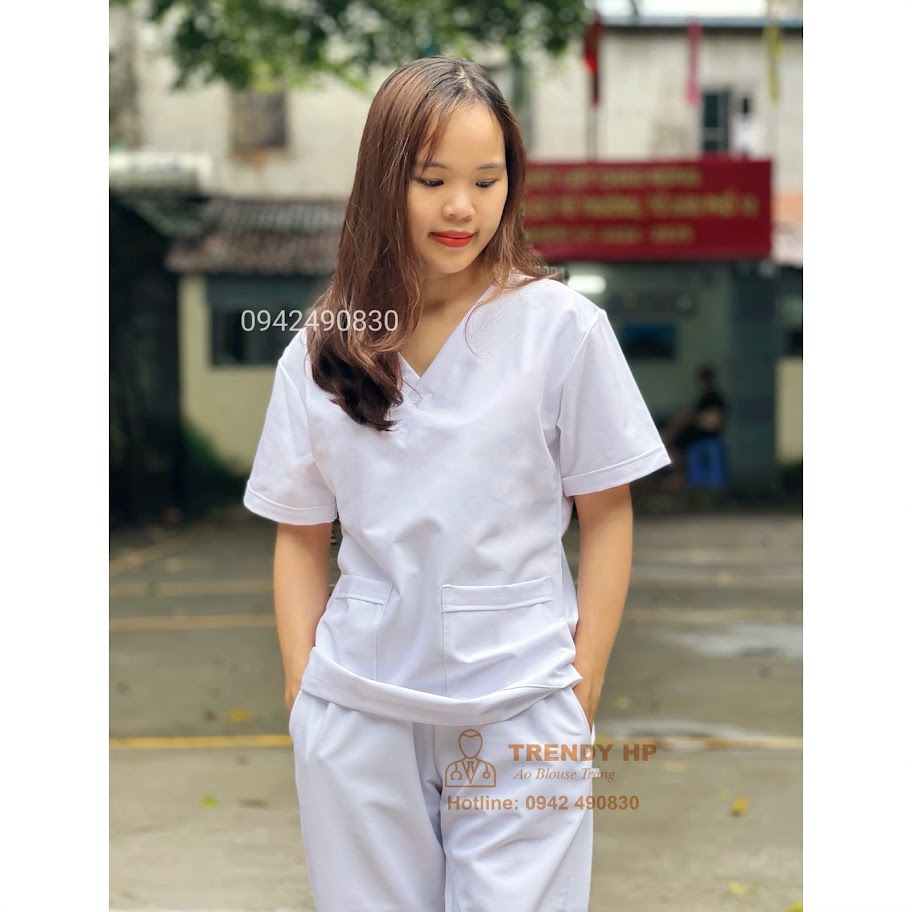Áo Blouse Trắng Trendy HP Bộ scrubs bác sĩ màu Trắng Cotton Cao Cấp - bộ đồng phục dược sỹ, kỹ thuật viên spa, nha khoa, phòng khám, đồng phục phòng khám