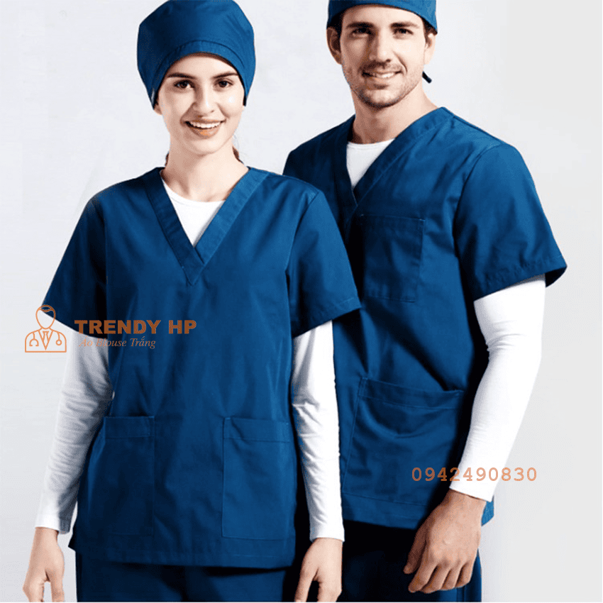 Bộ scrubs bác sĩ, kỹ thuật viên màu Xanh Navy (Xanh Sẫm) Cotton Cao Cấp - đồng phục spa, nha khoa, phòng khám, dược sỹ