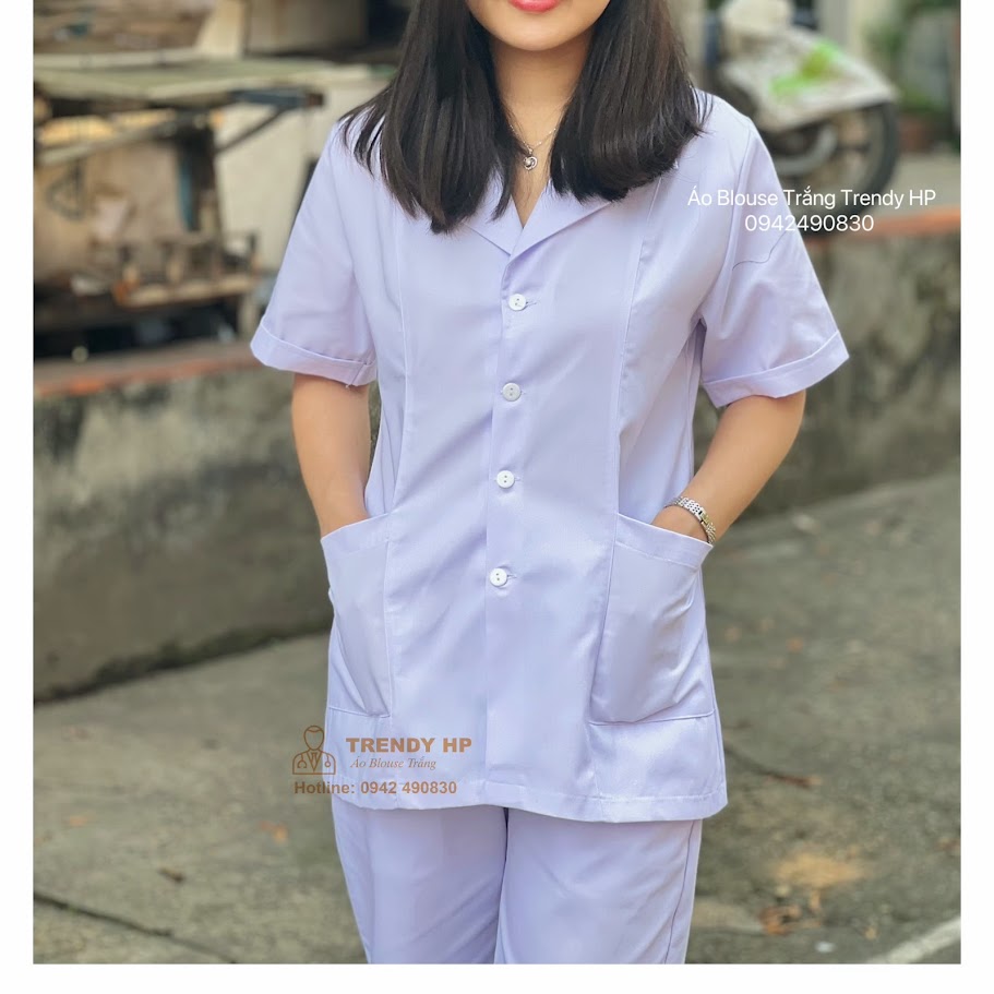 Bộ quần áo blouse trắng cộc tay Nữ - Áo blu trắng trơn xẻ túi chéo dáng ngắn qua hông cho dược sỹ, điều dưỡng, y tá, spa