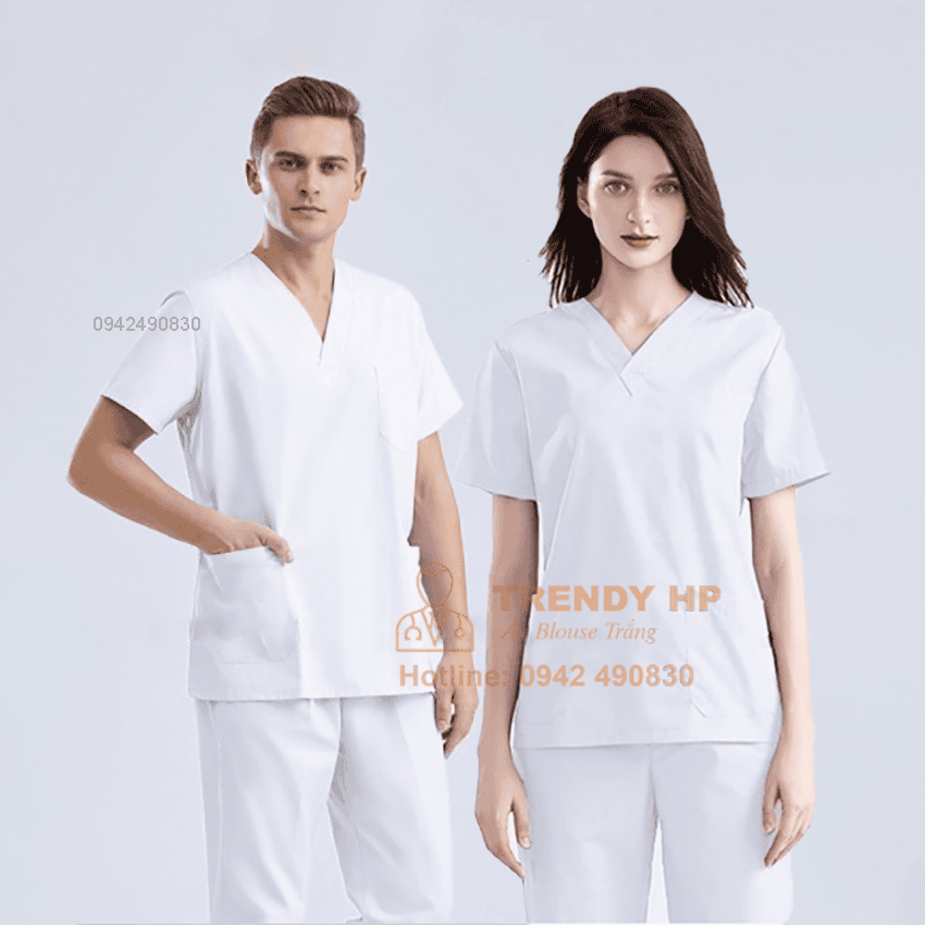 Áo Blouse Trắng Trendy HP Bộ scrubs bác sĩ màu Trắng Cotton Cao Cấp - bộ đồng phục dược sỹ, kỹ thuật viên spa, nha khoa, phòng khám, đồng phục phòng khám