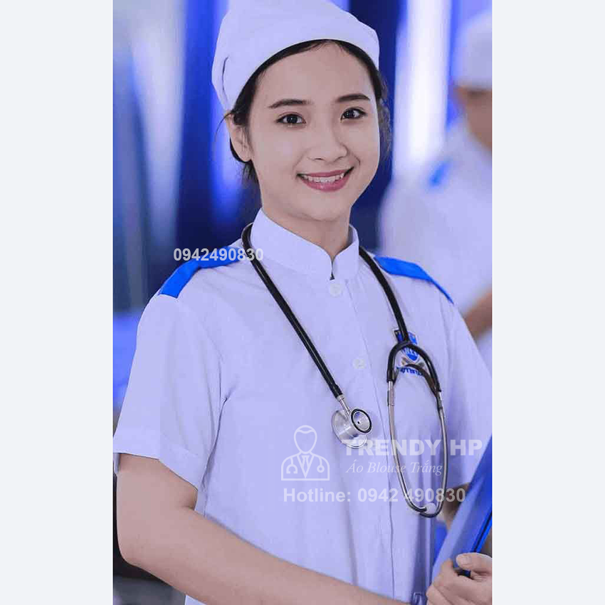 Bộ quần áo blouse trắng trơn Cổ Lãnh Tụ có CẦU VAI XANH - áo blue điều dưỡng, dược sỹ, y tá thực tập sinh có cầu vai