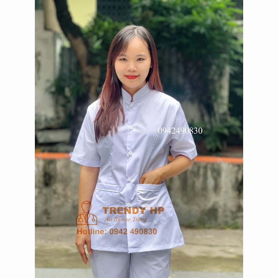 Bộ quần áo blouse trắng trơn Cổ Tàu cho điều dưỡng, y tá, dược sỹ