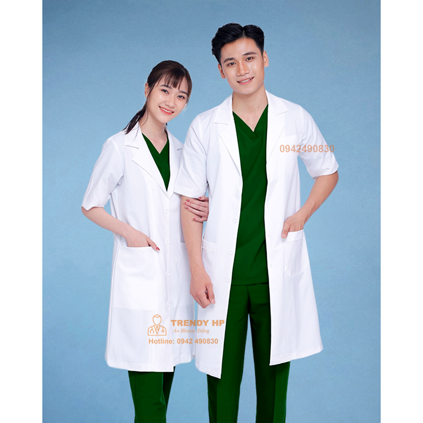 Áo choàng blouse trắng cổ Vest Cotton cao cấp cho bác sĩ, dược sỹ, phòng thí nghiệm, spa, thẩm mỹ viện
